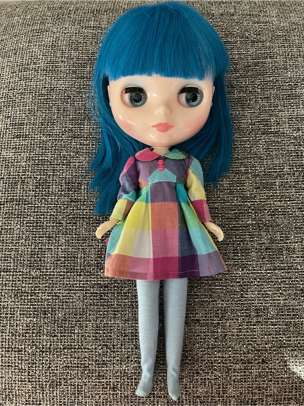 Blythe Doll - Blue-Haired doll with Rainbow Plaid Dress
